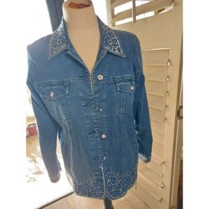 Quacker Factory Blue Bling Embellished Rhinestone Studded Denim Jean Jacket sz S